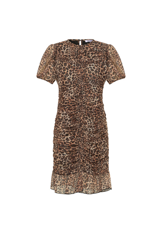 Gewebte Polyester Minikleid Elegantes Leopardenmuster Volantabschluss
