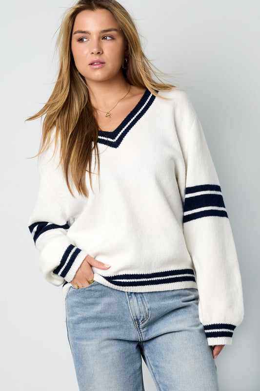 Gestrickte Polyesterfaser Damen V-Ausschnitt Pullover Sportlich Kontraststreifen