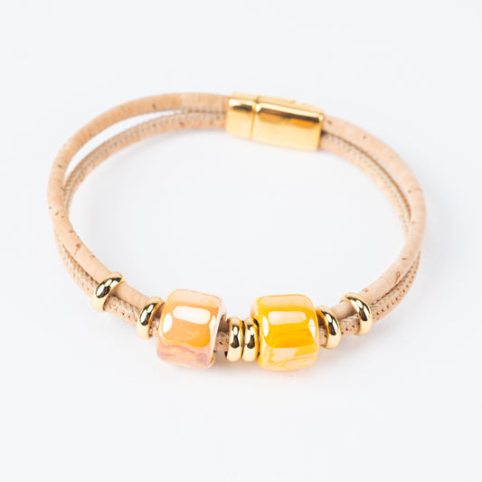 NATURKORKARMBAND MIT 2 WENDUNGEN, ORANGER KERAMIK UND ORANGER DETAILS