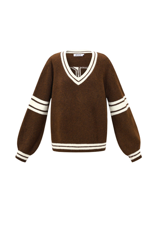 Gestrickte Polyesterfaser Damen V-Ausschnitt Pullover Sportlich Kontraststreifen