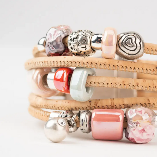 Korkarmband mit 5 Drehungen und rosa Keramik Detail für Damen Schmuck