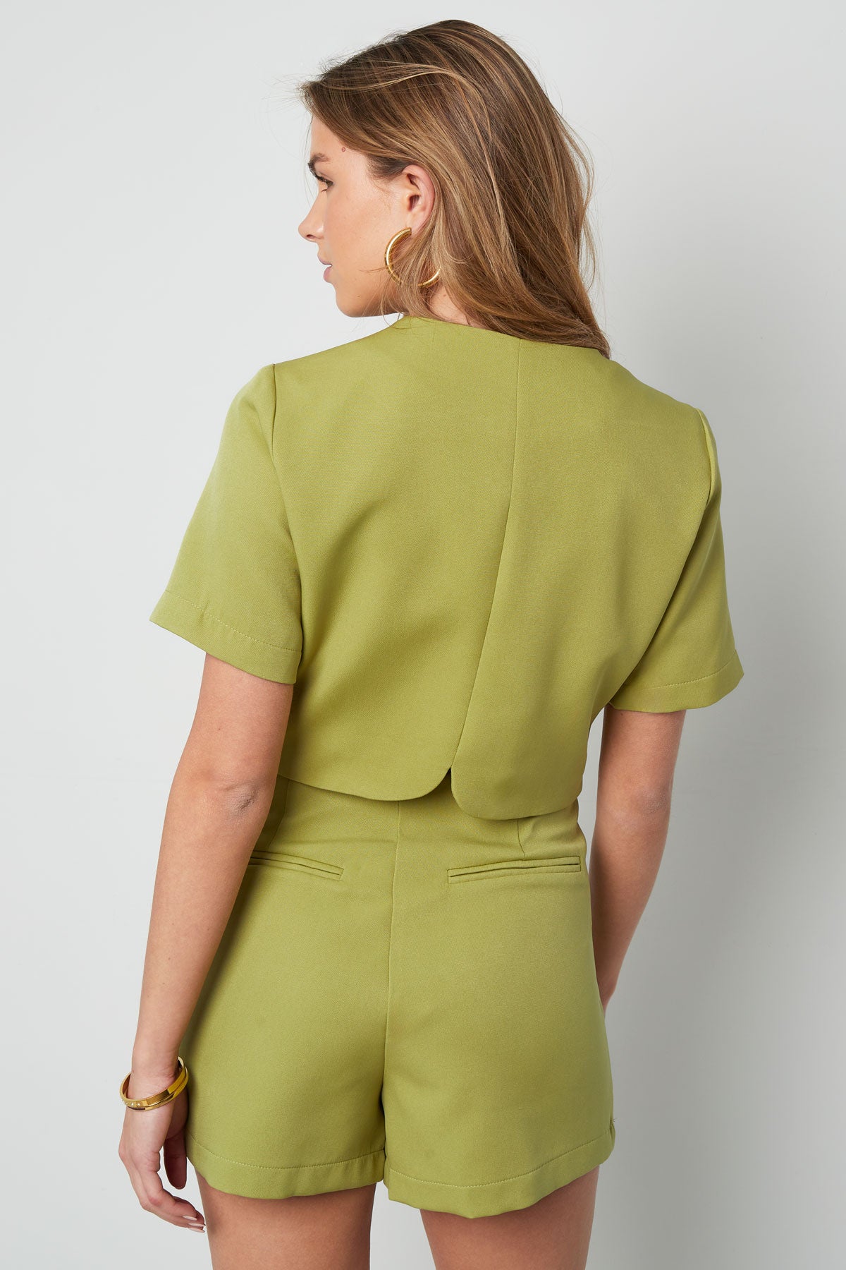 Polyester Damen Kurzarm Oberteil Kurz geschnitten Knopfleiste