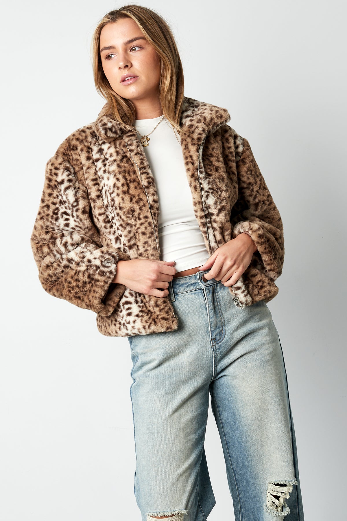 Polyester Kunstfell Damenjacke Leopardenmuster Wärmend und Gemütlich