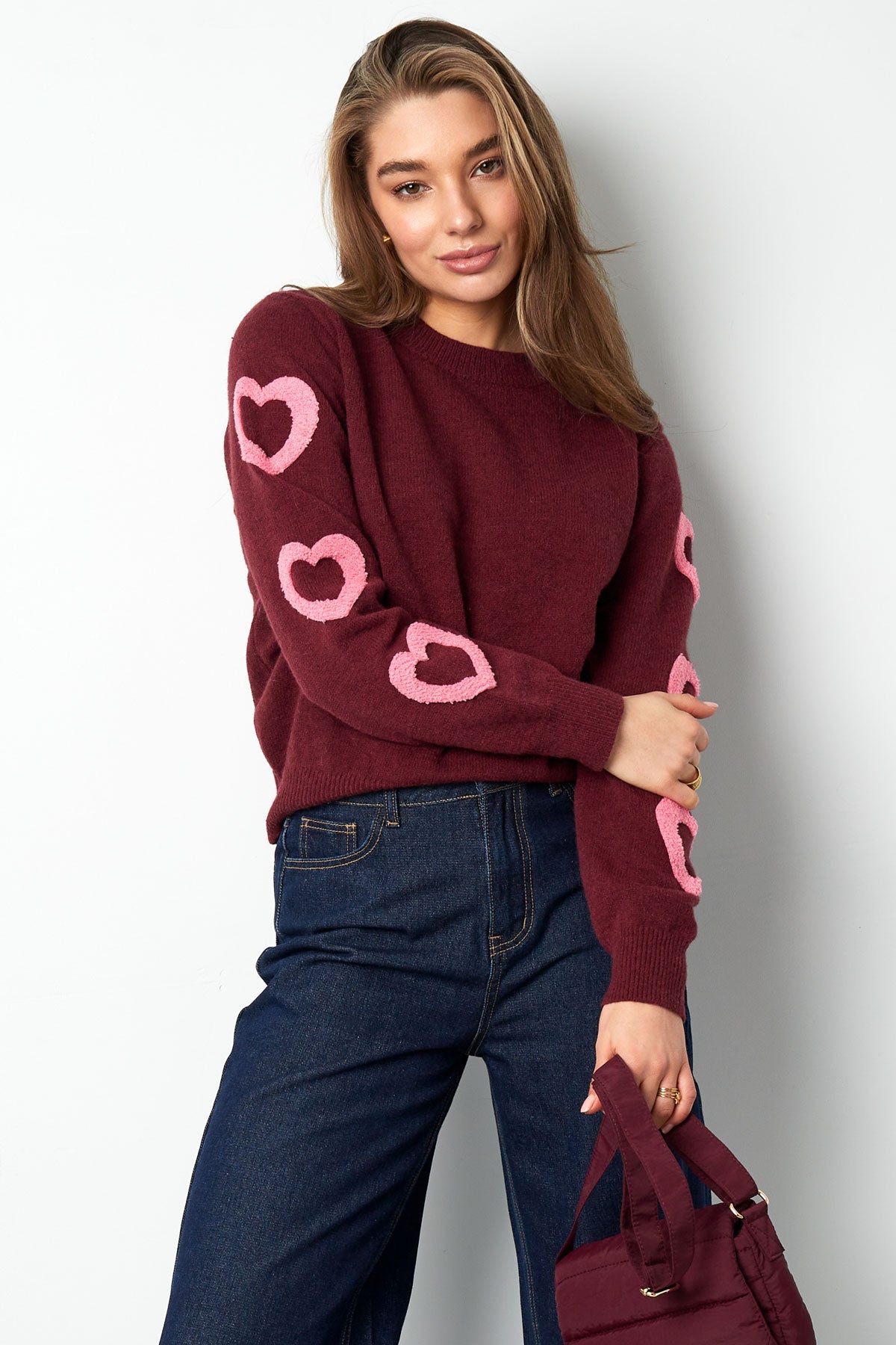 Gestrickter Wollmischungs Damen Rundhals Pullover Herz-Muster Design