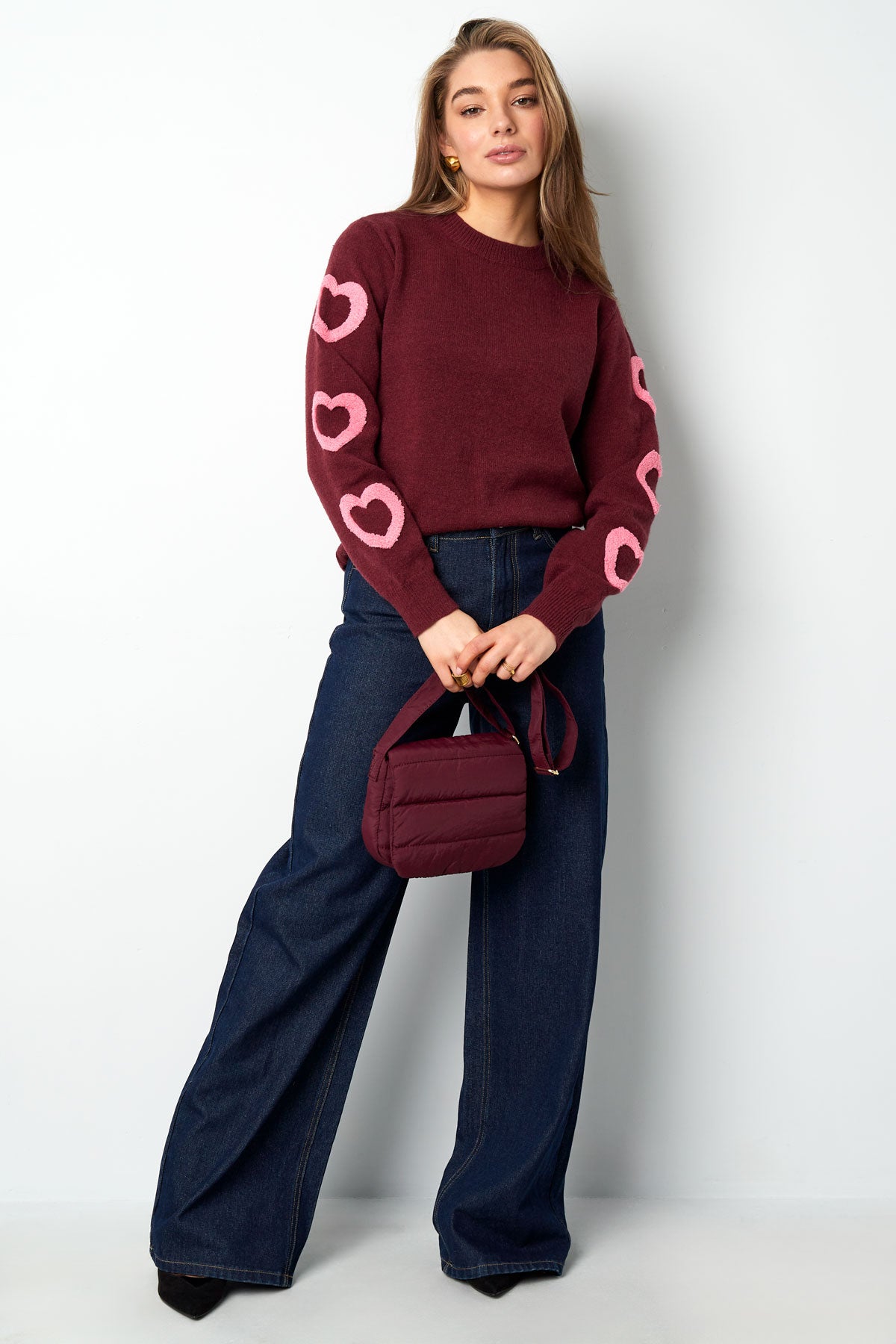 Gestrickter Wollmischungs Damen Rundhals Pullover Herz-Muster Design