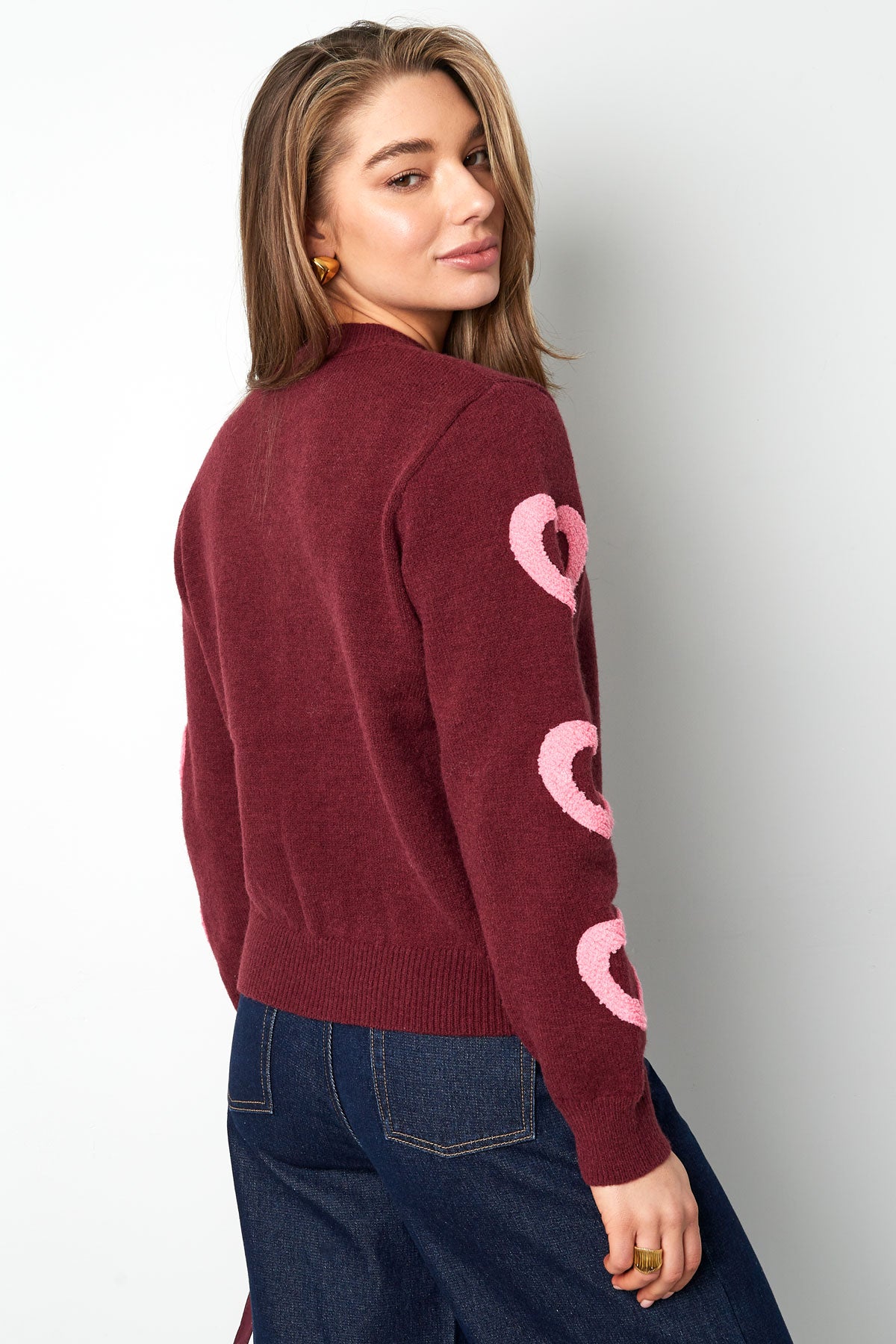 Gestrickter Wollmischungs Damen Rundhals Pullover Herz-Muster Design