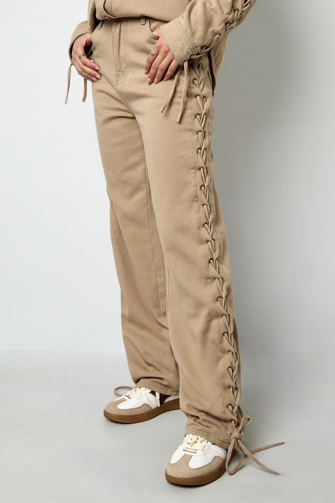 Gewebte Baumwolle Damen Gerade Hose Mit Schnürung Casual