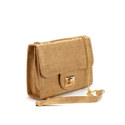 Camouflage-Umhängetasche aus goldenem Kork mit goldener Kette.