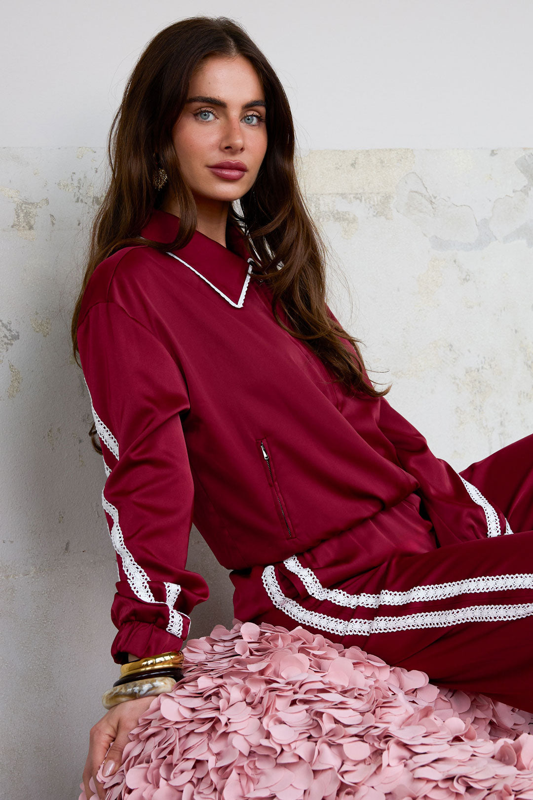 Gewebte Polyesterfaser Damenjacke Sportlich Farbkontrast 2-teiliges Set