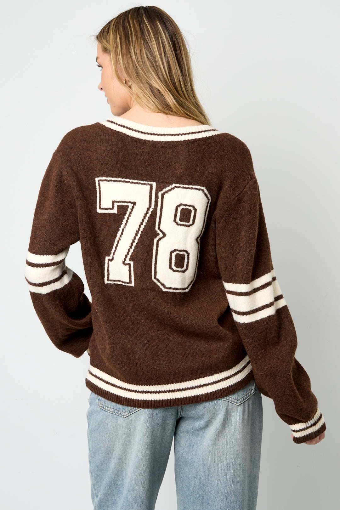 Gestrickte Polyesterfaser Damen V-Ausschnitt Pullover Sportlich Kontraststreifen