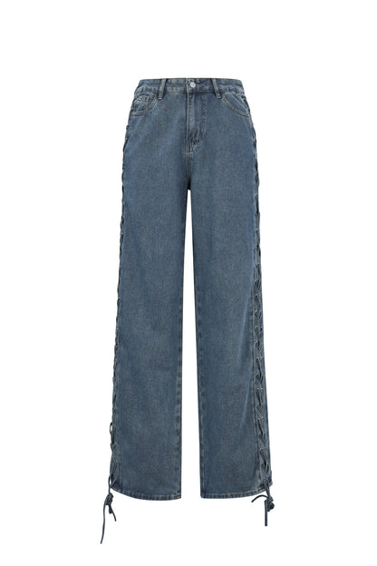 Gewebte Baumwolle Damen Gerade Hose Mit Schnürung Casual