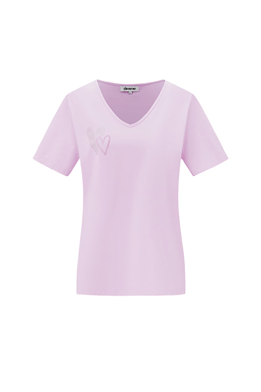 Baumwolle Damen V-Ausschnitt T-Shirt Besticktes Herz Design