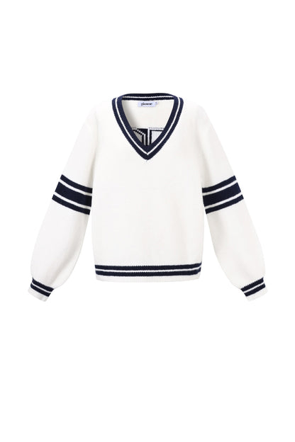 Gestrickte Polyesterfaser Damen V-Ausschnitt Pullover Sportlich Kontraststreifen