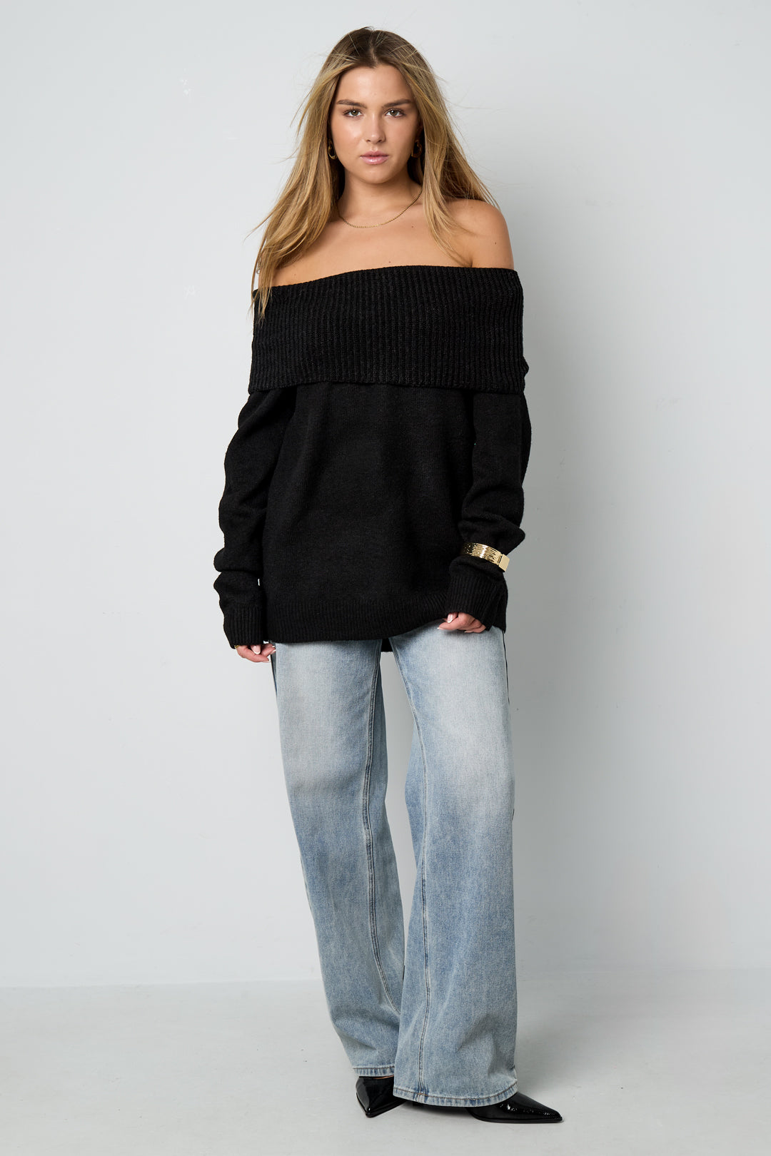 Gestrickte Polyesterfaser Damen-Off-Shoulder-Pullover Elegant Einfarbig