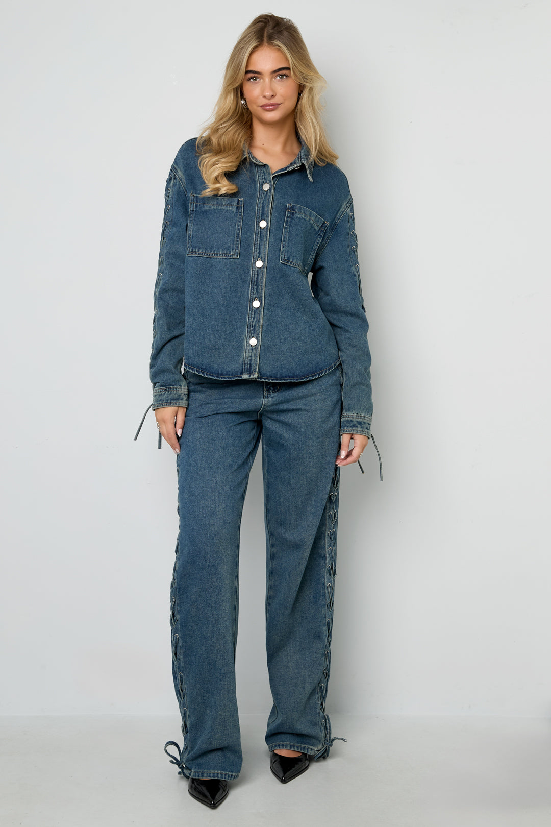Gewebte Baumwolle Damen Gerade Hose Mit Schnürung Casual