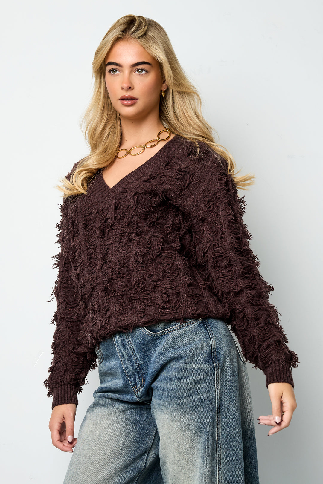 V-Pullover mit Fransen