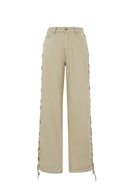 Gewebte Baumwolle Damen Gerade Hose Mit Schnürung Casual