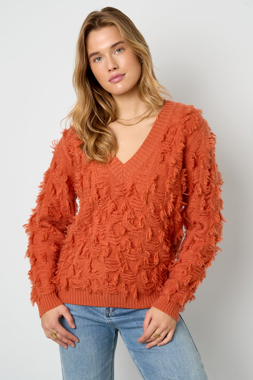 V-Pullover mit Fransen
