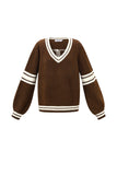 Gestrickte Polyesterfaser Damen V-Ausschnitt Pullover Sportlich Kontraststreifen