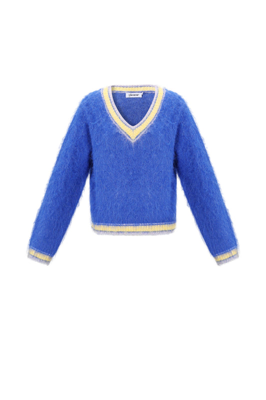 Gestrickte Polyesterfaser Damen V-Ausschnitt Pullover Casual Farbkontrast
