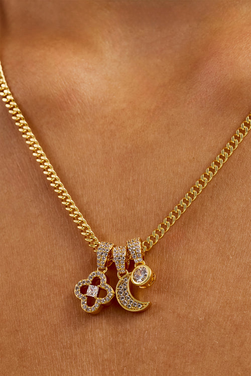 Triple Motif & Moon Pendant Necklace - 10mm - Gold