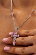 Iced Pink Gemstone Cross Cuban Necklace - 40mm - White