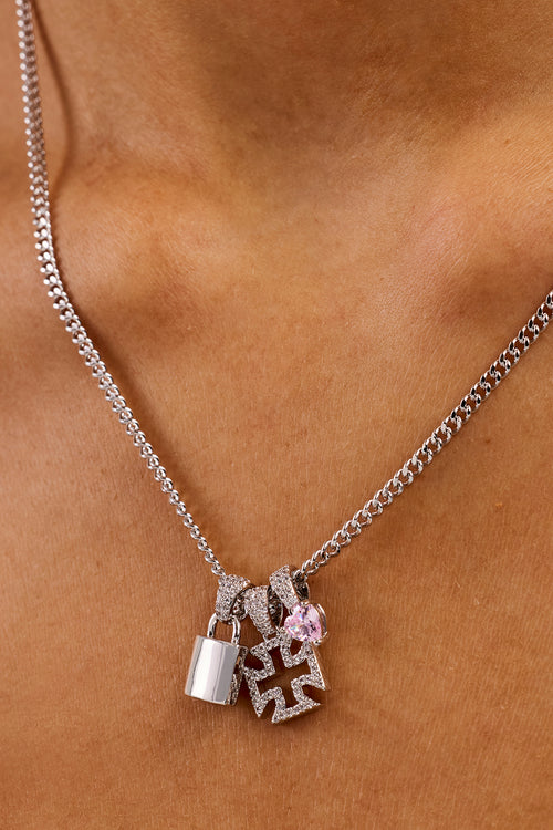 Triple Heart & Lock Pendant Necklace - 10mm - White