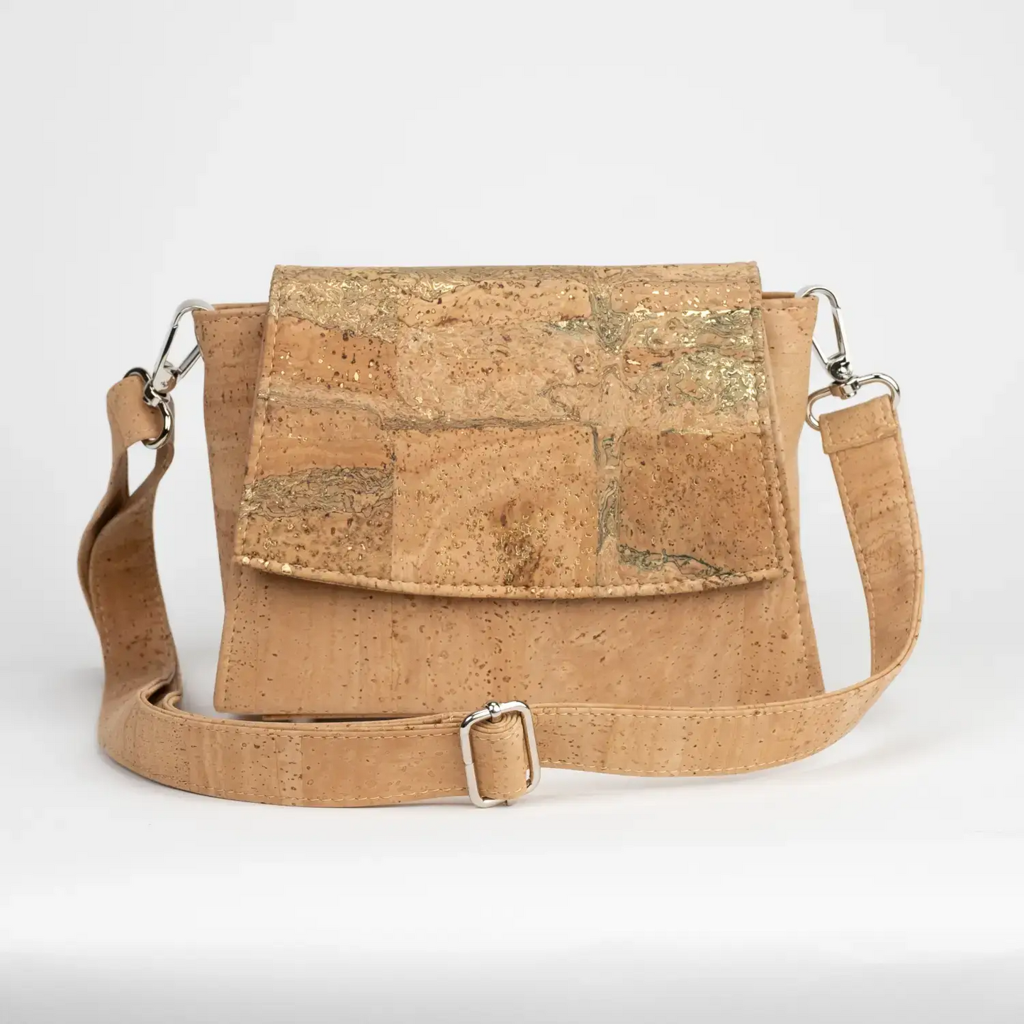 Bag with natural cork flap front view showing eco-friendly design